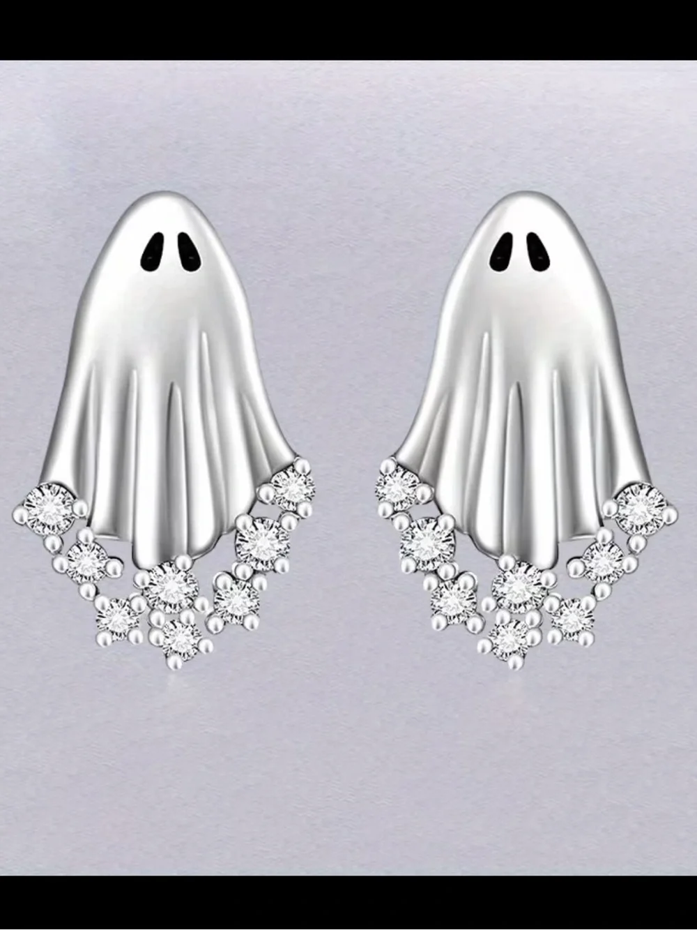 Silver Ghost Drop Earrings with Crystal Accent - Halloween Jewelry